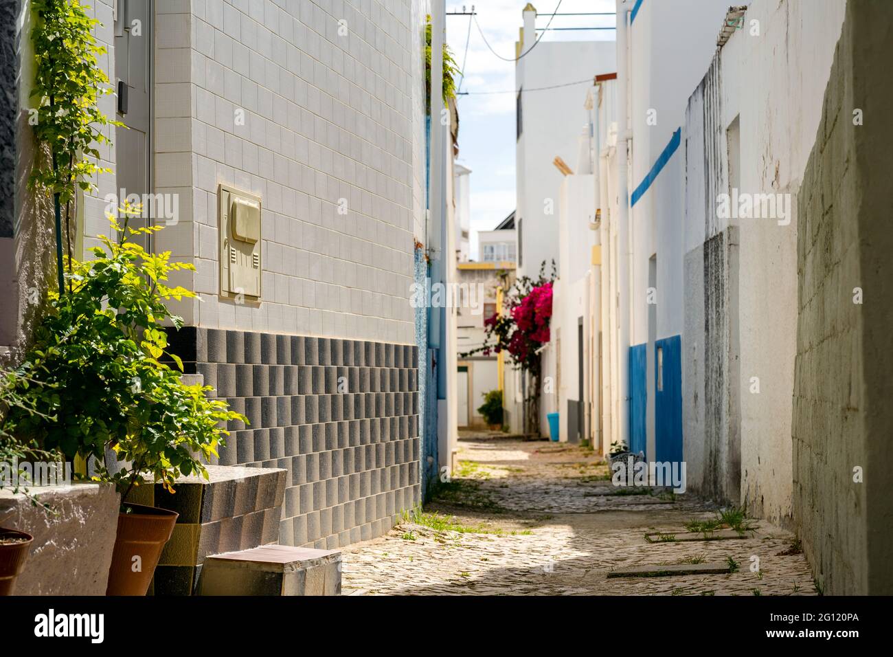 Rue étroite avec des maisons blanches et des fleurs à Olhao, Algarve, Portugal Banque D'Images