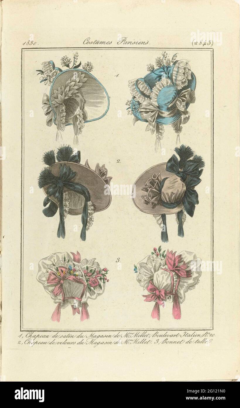 Dames et modes 1830, costumes parisiens (2843). 1, chapeau de satin du magasin de Mme Millet, boulevard italien, n° 20. 2, chapeau de velours du magasin de Mme Millet. 3. Capuchon de Tulle. Banque D'Images