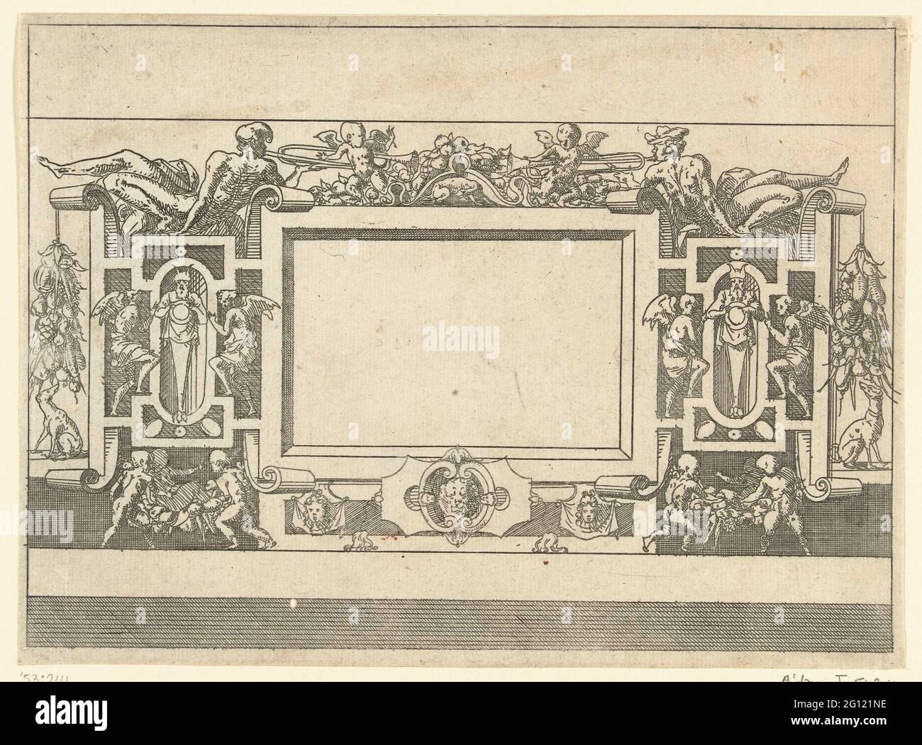 Cartouche rectangulaire avec un herme de chaque côté; plafonds et cartouts dans un cadre avec grotte, guirlande et mascarons; petite douche à charrette à l'exemple à Fontainebleau. Au sommet, deux hommes soufflent sur des trompettes. Les putti s'appuient contre les trompettes. À partir d'une série de 32 feuilles. Les cartouris sont en partie dérivés des gravures d'Antonio Fantuzzi à la décoration de la galerie François par Giovanni Battista Rosso. La série est également connue sous le titre petits cartouche le Fontainebleau. Banque D'Images