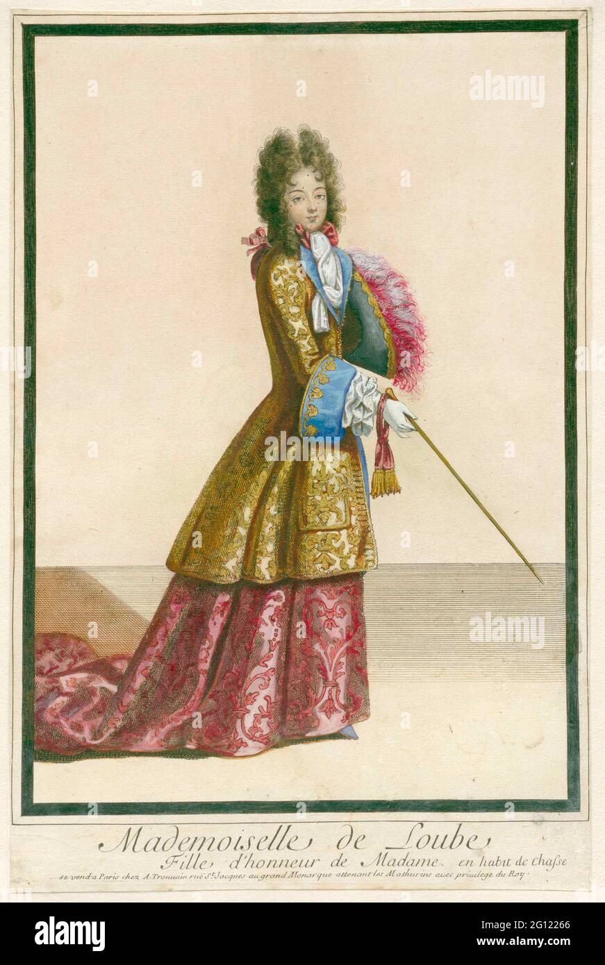 Reproductions en français propagation de la mode française : Mademoiselle  de Loube dans une habitude de chasse. Dans les années 1680 et 90, les  graveurs de Paris ont produit un grand nombre