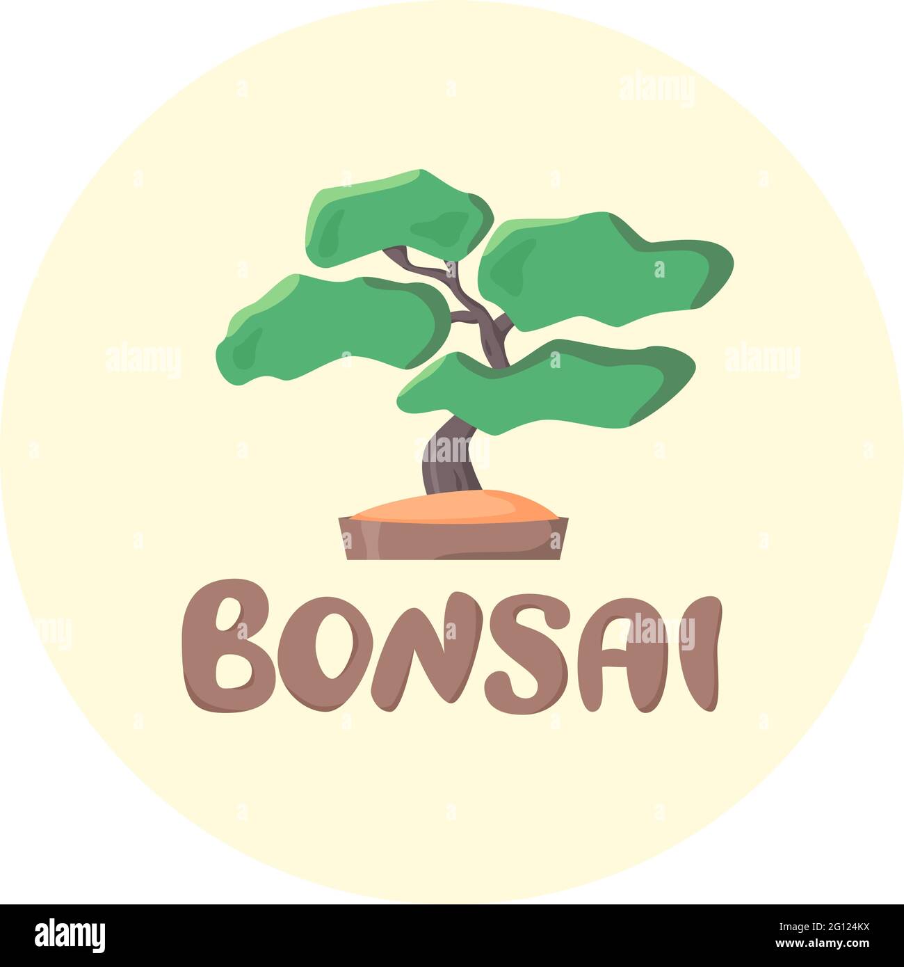 Illustration et lettrage Bonsai de style plat, petit arbre en pot, icône vectorielle ou concept de logo Illustration de Vecteur