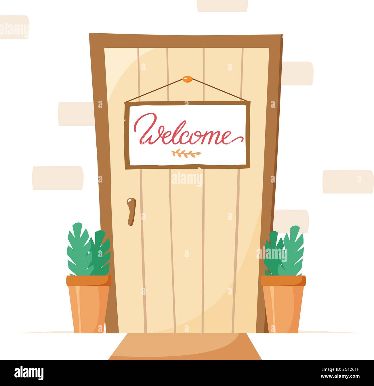 Porte d'entrée avec panneau de bienvenue et plantes dans des pots, plaque d'entrée, lettres et illustrations vectorielles, style plat Illustration de Vecteur