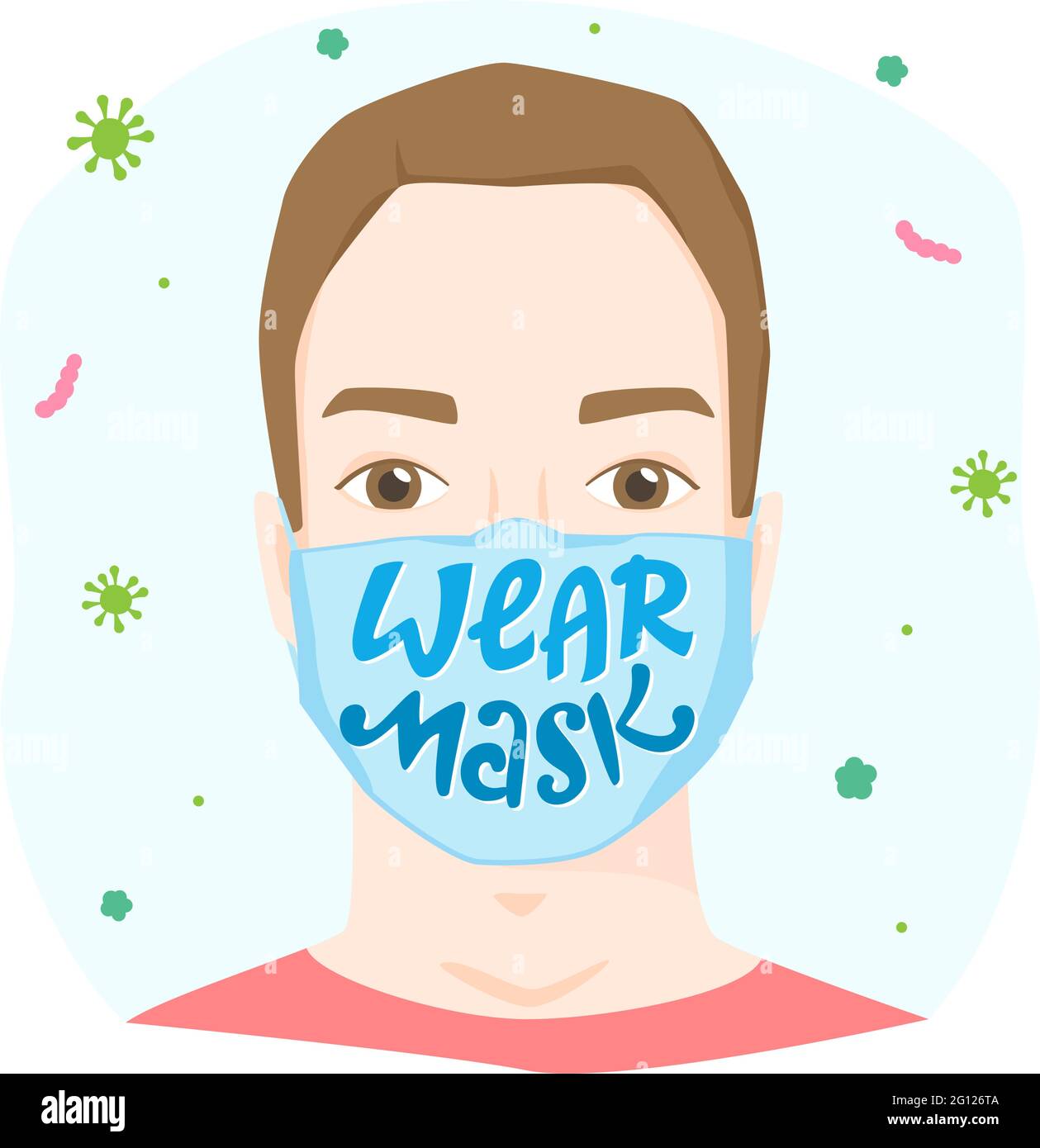 Porter le lettrage du masque, homme inquiet portant un masque médical avec un panneau, des vêtements de sécurité, un équipement de protection, un virus et une maladie pulmonaire bactérienne Illustration de Vecteur