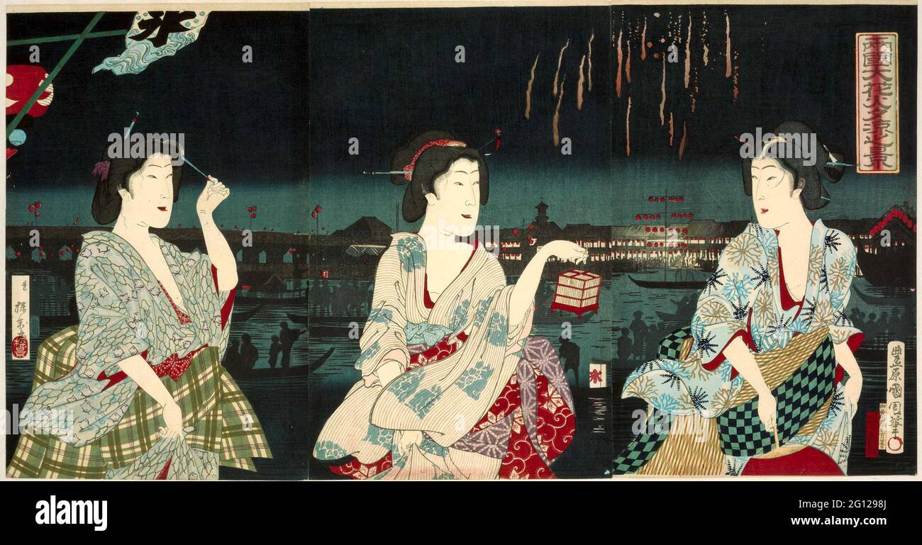 Profiter de la brise du soir pendant les feux d'artifice à Ryogoku; Ryogoku Hanabi Yusuzumi No Kei. Trois femmes, la moitié, sur la rive du fleuve Sumida, la nuit; en arrière-plan, le pont Ryogoku et les spectateurs en bateau regardent les feux d'artifice. Banque D'Images