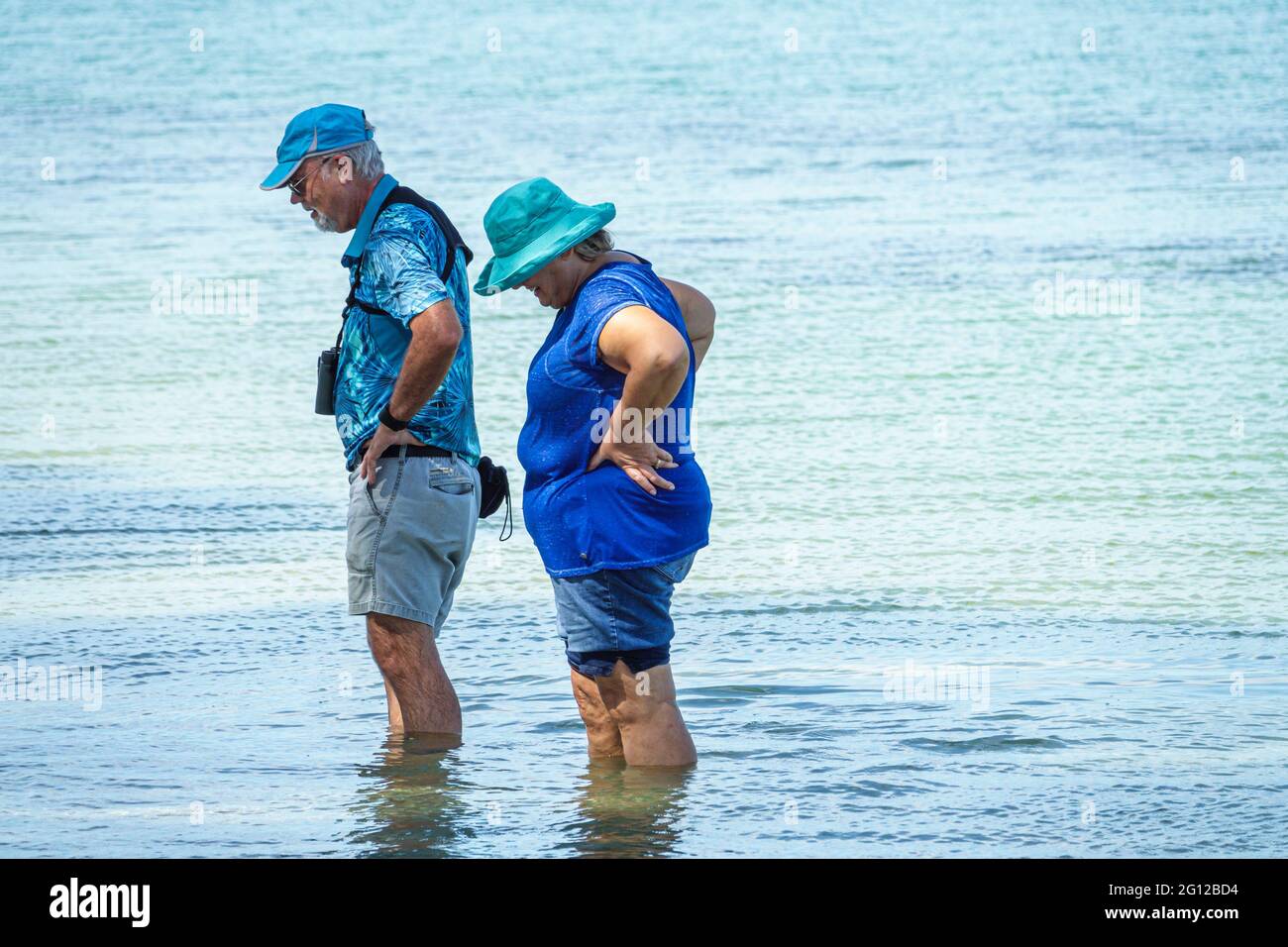 Floride FL Sanibel Island Pine Island Sound Causeway Islands Park Beach man femme couple mûre regardant la surface de l'eau nuances bleues correspondant c Banque D'Images