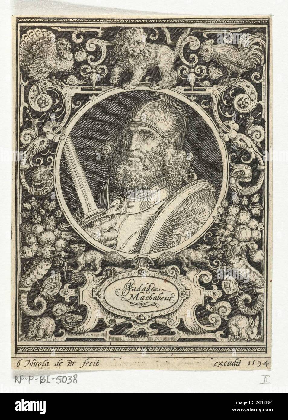 Portrait de Judas de Makkabeër en médaillon à l'intérieur d'un cadre rectangulaire avec ornements; Judas Machababeaus; les neuf meilleurs. Portrait de Judas de Makkabeet avec casque, épée et barbe en médaillon à l'intérieur d'un cadre rectangulaire avec différents animaux tels qu'un lion, la dinde et le coq comme ornements avec des cornes d'abondance. Banque D'Images