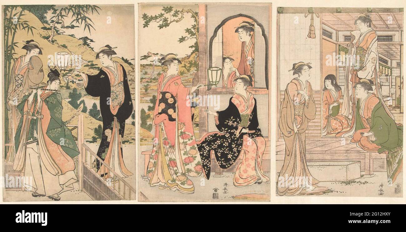 Yoshitsune une sérénade apportant à Joruri Hime .. Yoshitsune, extrêmement à gauche, flûte jouant pour Joruri Hime, debout dans la porte extrêmement à droite; entre les deux proches dans, dans le jardin, différentes courtesettes, deux avec lanterne; jardin japonais en arrière-plan. Banque D'Images