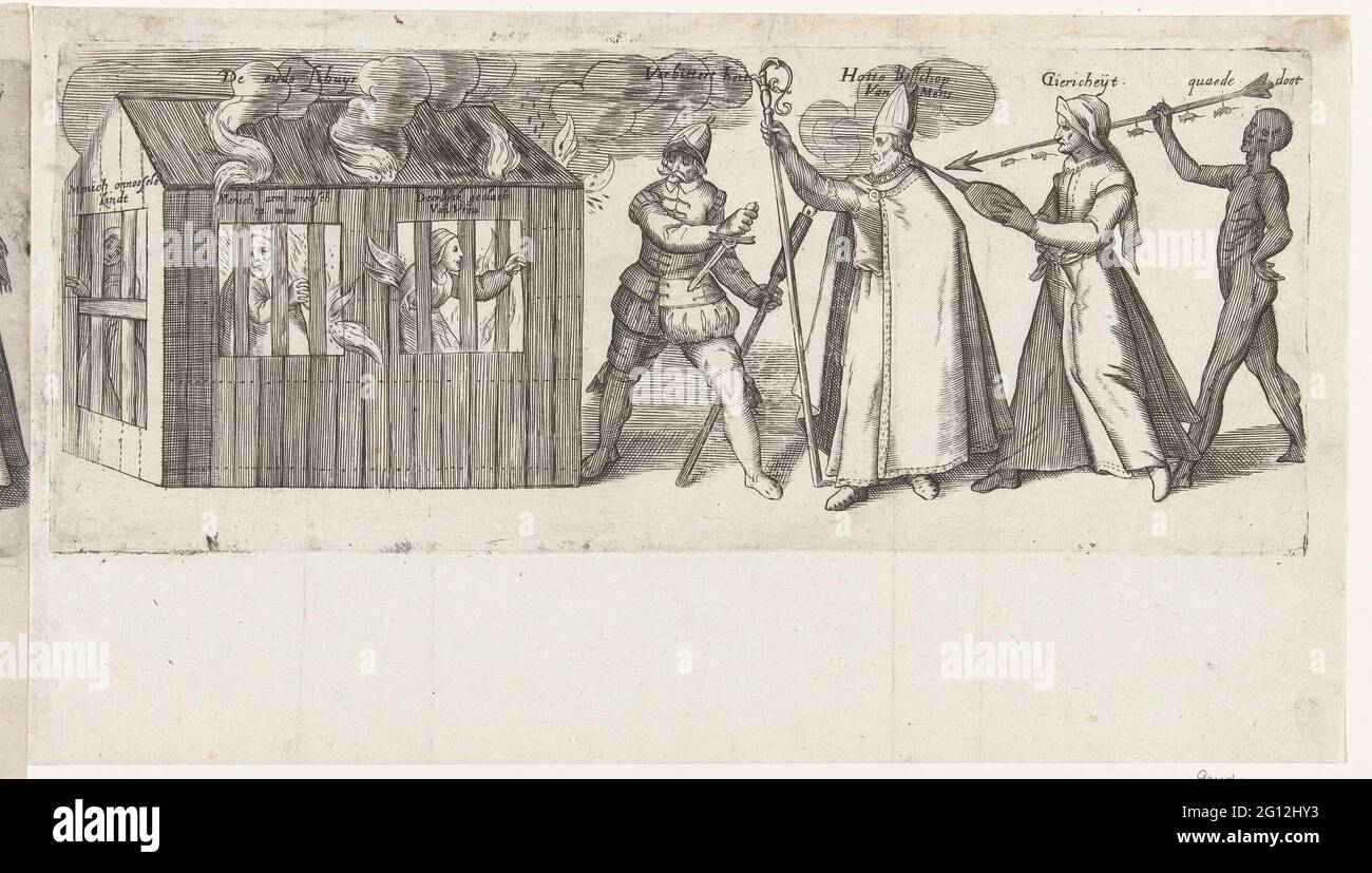 Procession à travers le Rederijkerskamer de Goudsbloem de Gouda (troisième partie), 1607; l'entrée du vert d'or. Procession du Rederijkerskamer de Goudsbloem de Gouda, au Rederijkersfeest du 22 octobre 1607 à Haarlem. Troisième partie: Légende de la tour de la souris avec Hatto II Archevêque de Mayence et les fermiers innocents enfermés dans une grange en feu, ici quatre figures allégoriques. À la fin de la mort avec les souris qui mangeraient plus tard l'Archevêque vivant. Banque D'Images