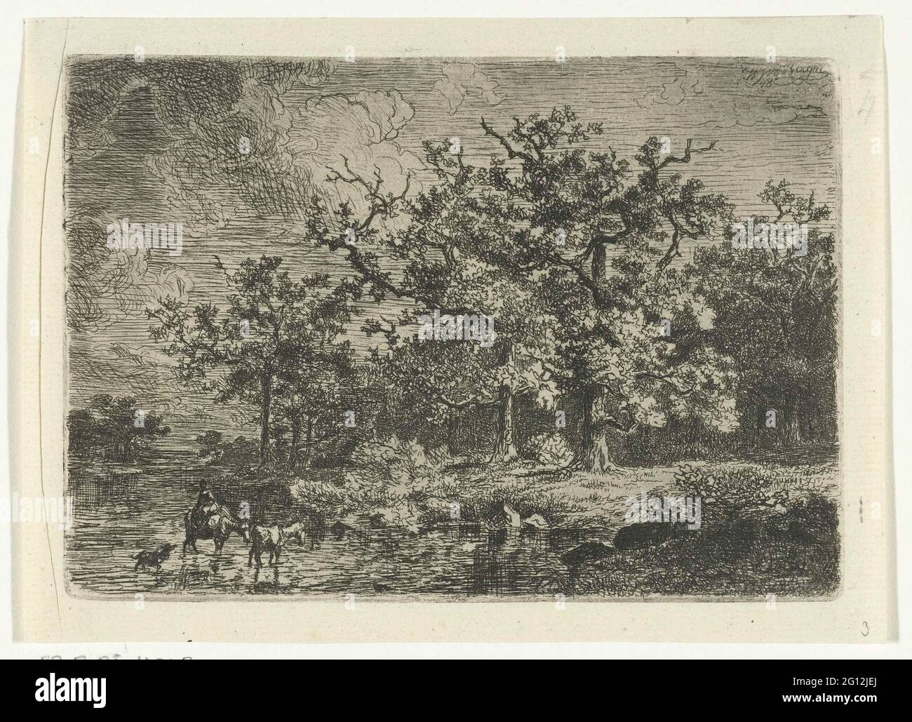 Paysage avec arbres et femme sur âne dans l'eau peu profonde. Banque D'Images