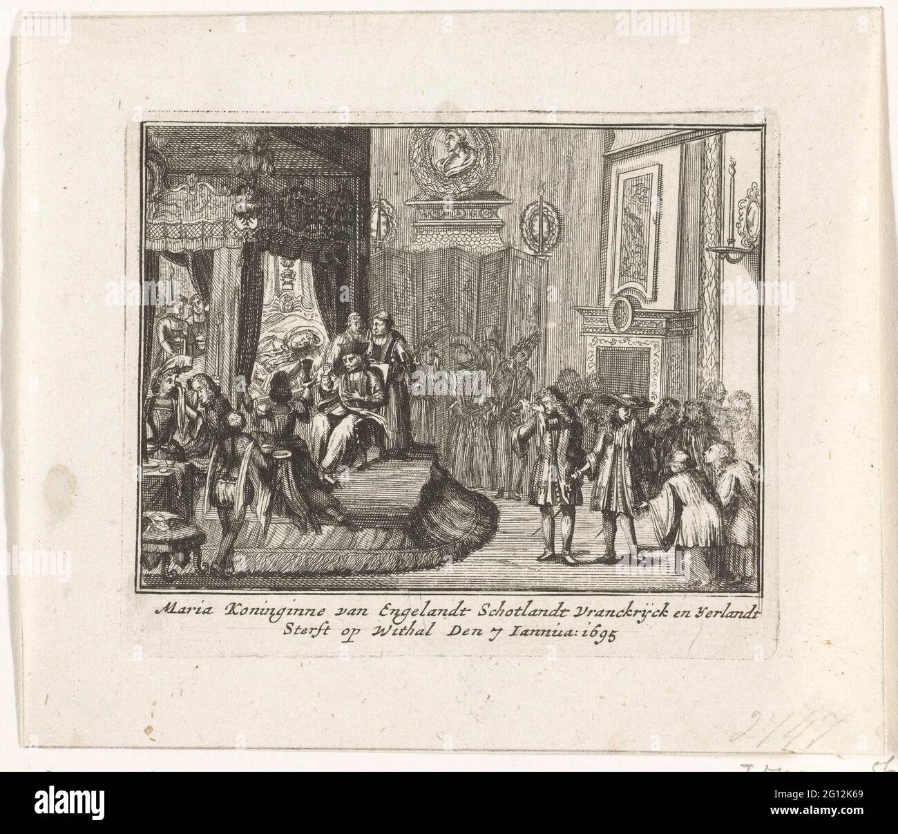 Mort de la reine Maria II Stuart, 1695; Maria Koninginne van Englandt Scotlandt Vranckyck et Yerlandt meurt sur Withhal den 7 Jannua: 1695; chronique de la maison Stuart; Cornyck ou Stuarts Noolot Synde toutes les catastrophes pré-inaugurales et le ventre que T 'Since son départ vers thesen Tystemt qui m'a transféré syn. Le lit de décès de Kuiten Maria II Stuart, est décédé le 7 janvier 1695 au Palais de Whitehall. Partie d'une série sur les fortunes de la famille royale anglaise de Stuart de 1558-1711, dont sont inclus ici, seize gravures sur la bataille entre Jacobus II et Willem III dans les années 1688-16 Banque D'Images