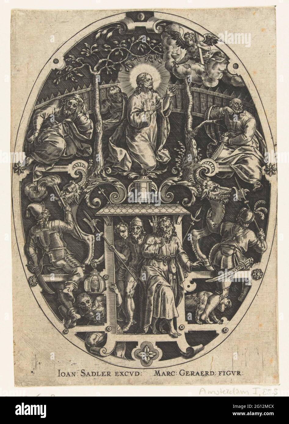 Christ priant dans la cour de Gethsemane; Passio Verbeticae quae Redeptio Christ (...). Christ priant et descendant Judas et soldats. Arrière-plan ombré. De séries de 14 ovales avec grotesken dans lesquelles les scènes sont représentées par la passion. Banque D'Images