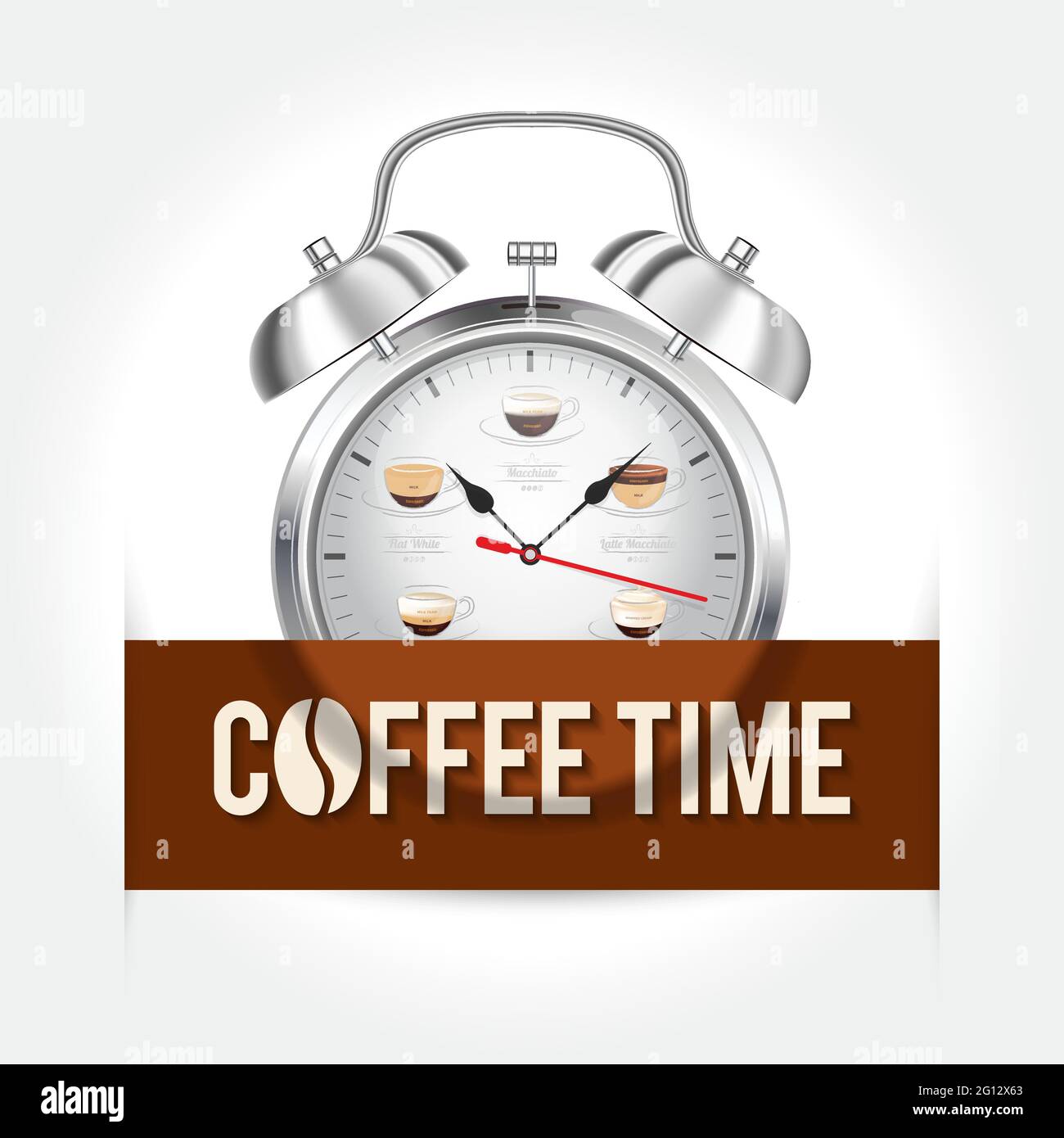 Concept de l'heure du café. Réveil avec bandeau d'information marron Image  Vectorielle Stock - Alamy