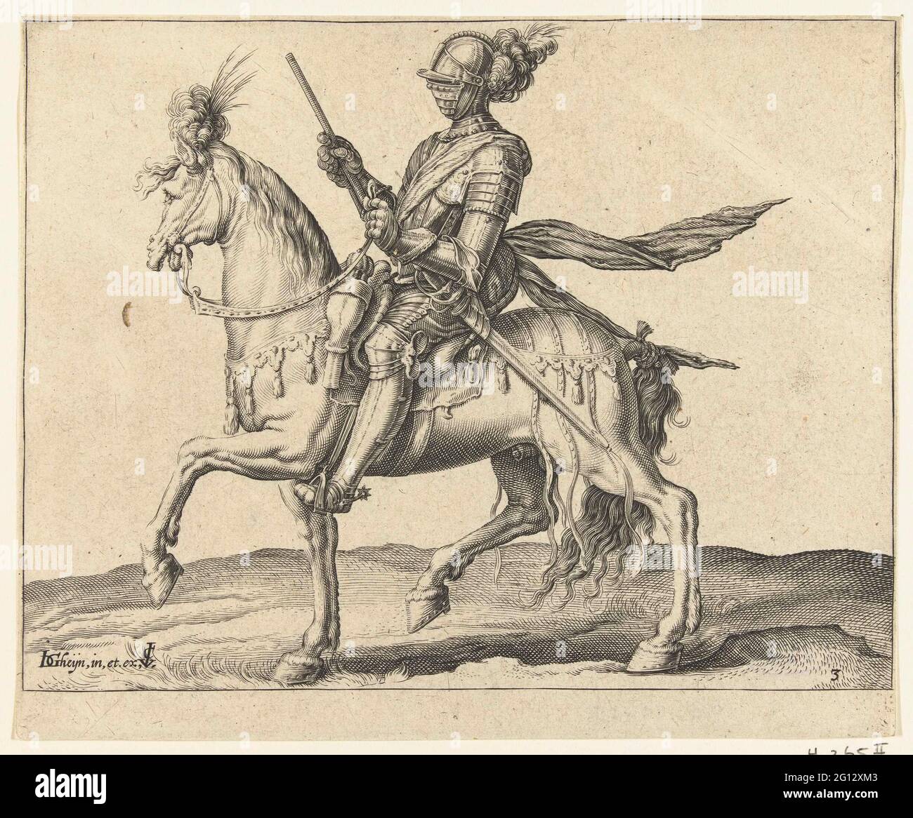 Capitaine de la Cavalerie (Ritmeester); l'école équestre. Un homme réconforté à cheval, se déplaçant vers la gauche, avec un personnel captivant dans la main droite (un zryer). Cet imprimé fait partie d'une série de 22 imprimés numérotés : un imprimé de titre, 20 imprimés sur lesquels un ou quelques types différents de riders (les plus cordés) sont présentés, et un imprimé avec un combat équestre. Banque D'Images