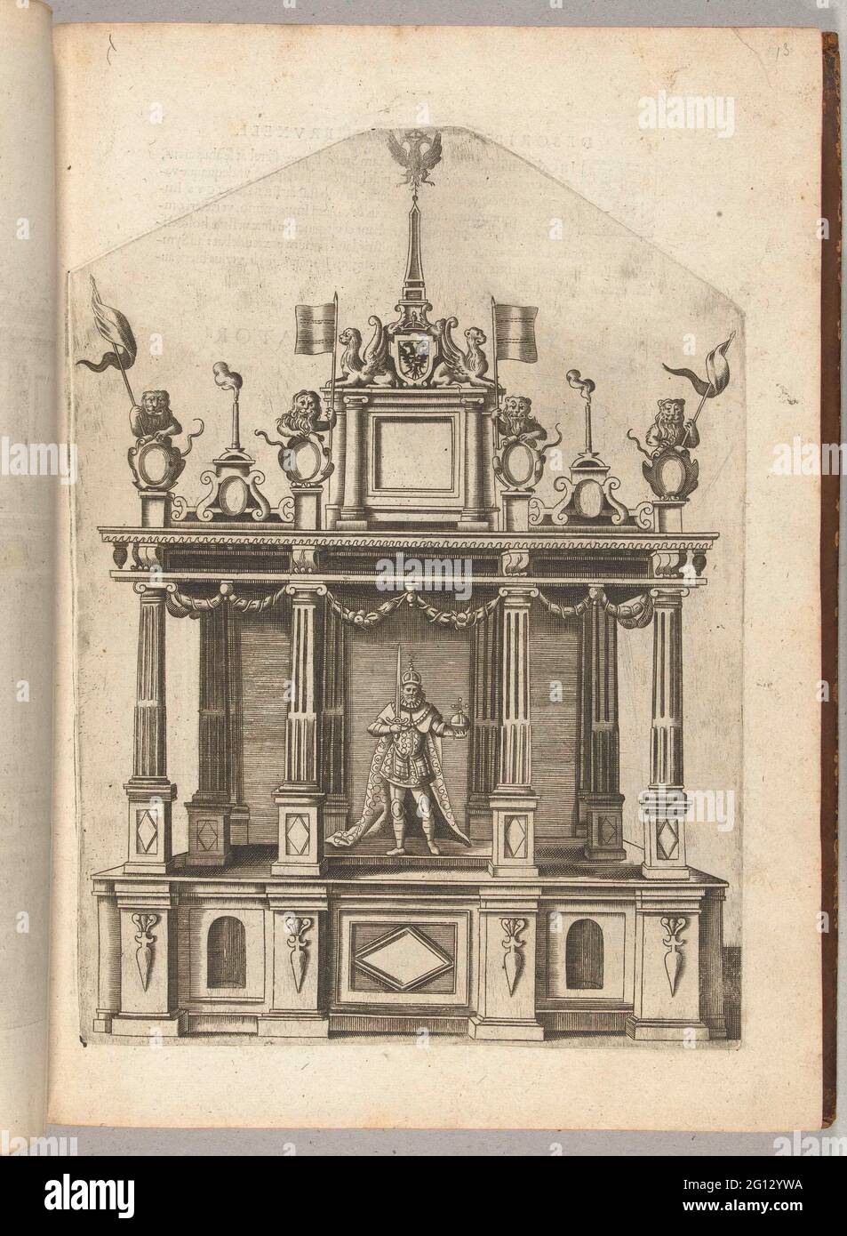 Théâtre avec Koning Albrecht I, 1594. Théâtre avec le roi Albrecht I de Habsbourg en 1299. Entrée festive de l'Archiduke Ernst au poste de gouverneur des pays-Bas, tenue à Bruxelles le 30 janvier 1594. Une partie de la description de cette entrée Descriptio et Exploratio Pegmatum, Arcuum Spectaculum quae Bruxellae Brabant. Étalonnage Pridie Ao. Fév. 1594 EXHIBITA fuere, sous-Ingressum ... Ernesti ... Archidulis Autrichiens ... Pro Philippo II Belgicae Ditionis Gubernatore, J. Mommaert, Bruxelles 1594. Banque D'Images