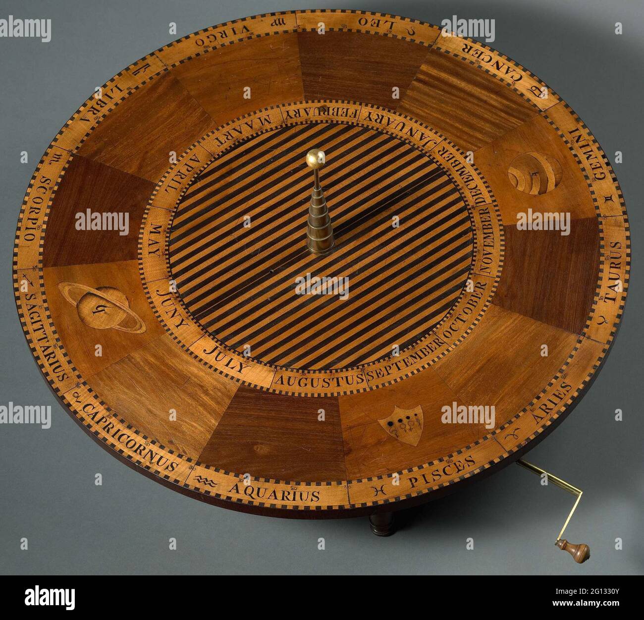 Lancement avec bouton, partie du planétarium, tellure, Lunarium. Dispositif avec lequel le mouvement du soleil, de la terre, de la lune et des planètes peut être proposé. Tuméfaction métallique avec bouton en bois. Il peut être réglé sur une tige qui dépasse du cadre et actionne un mécanisme. Banque D'Images