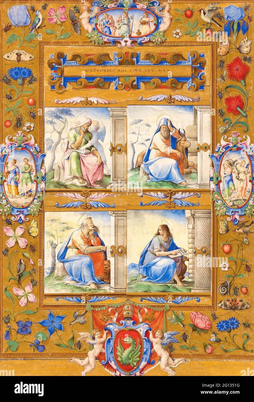 Auteur: Giorgio Giulio Clovio. Les quatre évangélistes, à l'intérieur d'une frontière de fleurs, d'oiseaux, et d'insectes - 1572 - cercle de Giulio Clovio croate, actif Banque D'Images