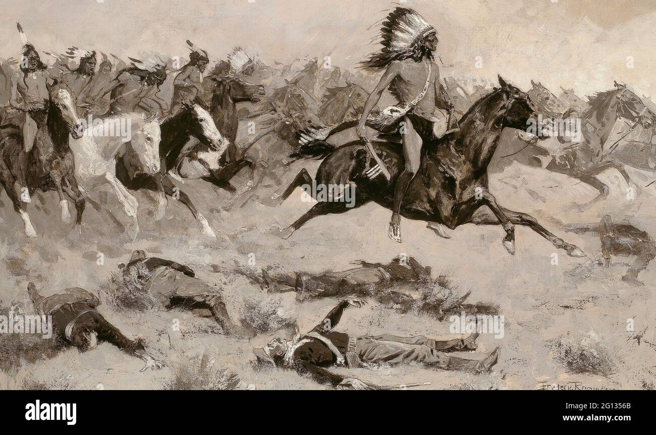 Auteur: Frederic Remington. Rushing Red Lodges passé par la ligne - c. 1900 - Frederic Remington American, 1861 - 1909. Huile sur toile. 1895 - Banque D'Images