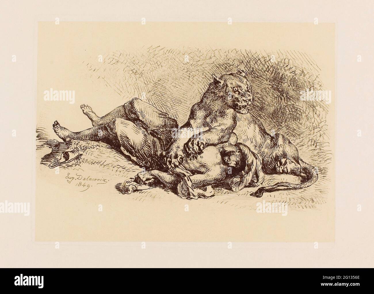 Auteur: Eugne Delacroix. Déchire de lionne à la poitrine d'un arabe - 1849 - Eugne Delacroix française, 1798-1863. Gravure en masse douce et roulette activée Banque D'Images