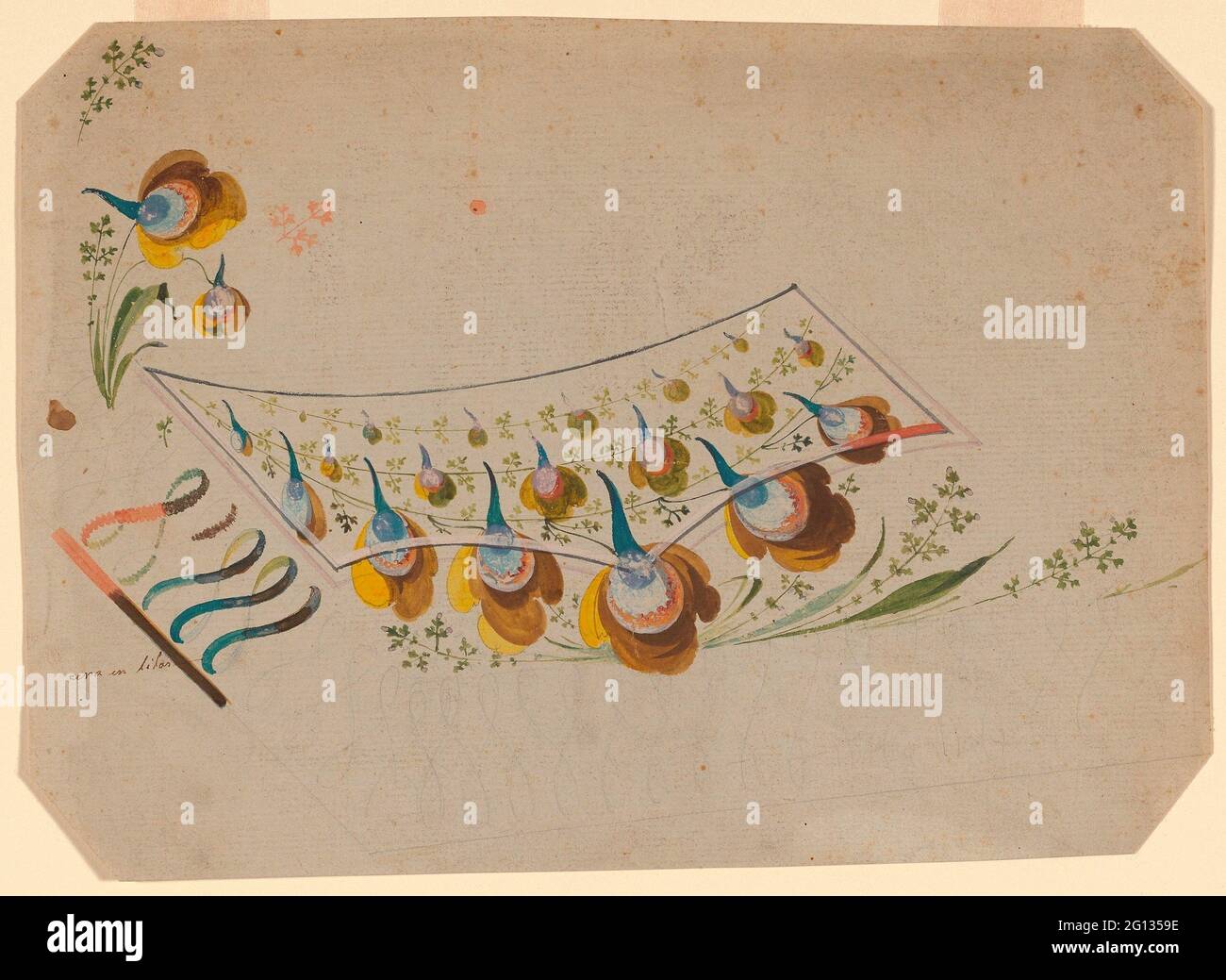 Design pour un gilet de costume brodé poche - 1780/90 - France, probablement Lyon. Motif fleuri polychrome avec des arabesques le long du bord inférieur du gilet. Banque D'Images