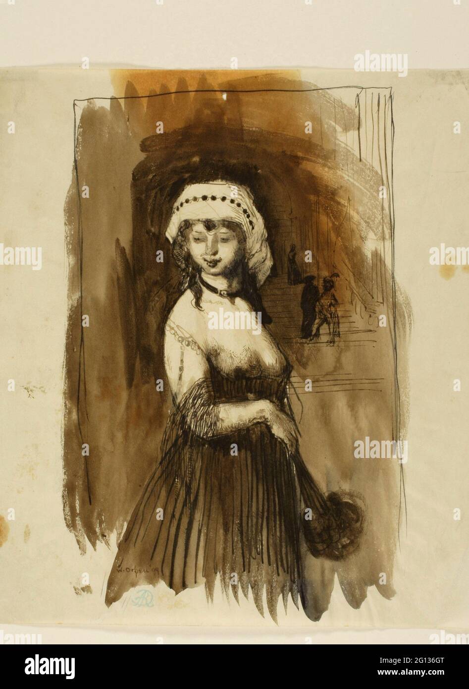 Auteur: William Newenham Montague Orpen. Femme avec un fan - William Newenham Montague Orpen Irish, 1878-1931. Stylo et encre brune, avec pinceau et marron Banque D'Images