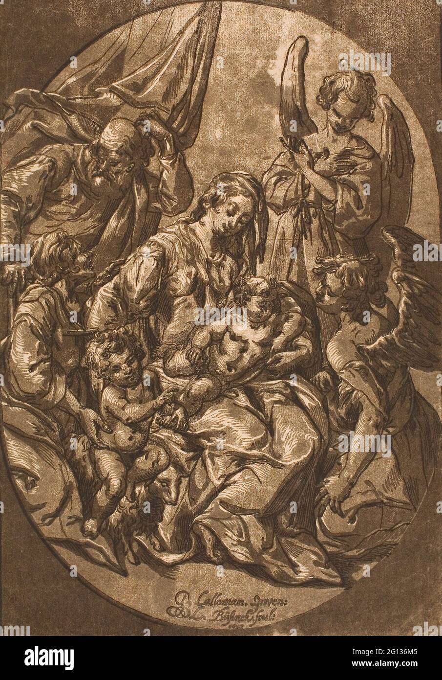 Auteur: Ludolph Bsinck. Sainte famille dans un cadre ovale - 1623 - Ludolph Bsinck Allemand, c. 1590-après 1643. Chiaroscuro coupe de bois de trois blocs, on Banque D'Images
