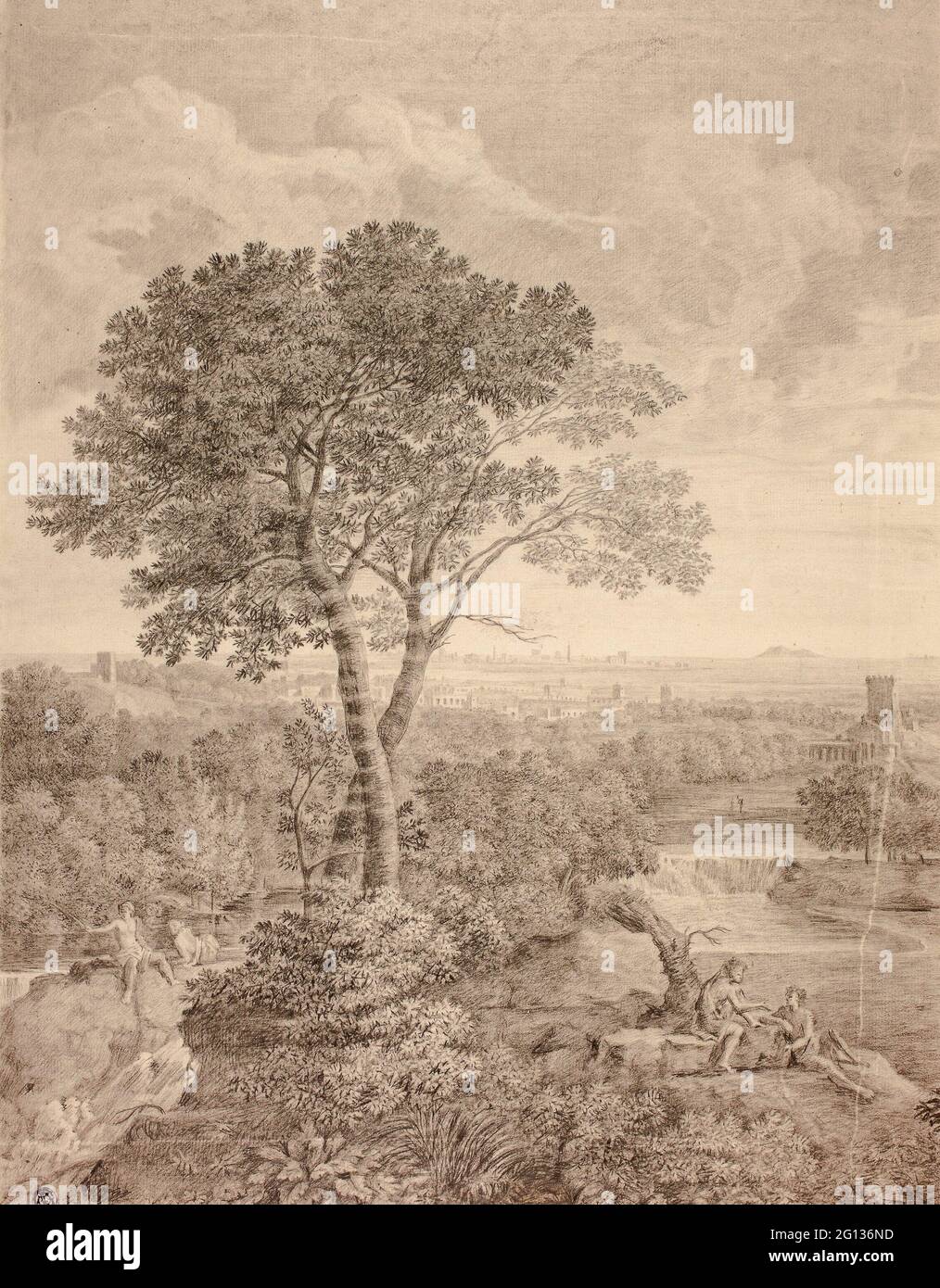 Auteur: Gaspard Dughet. Fresque à Palazzo Colonna, Rome - après Gaspard Dughet Français, 1615-1675. Crayon noir avec craie noire sur les touches Banque D'Images
