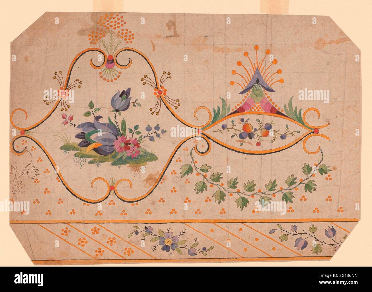 Design pour une bordure tissée, imprimée ou brodée - 18e/19e siècle - France. Conception sur papier. 1701 - 1900. Banque D'Images