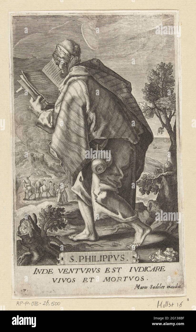 L'apôtre Philippe; S. Philippvs; Christ et douze apôtres. L'apôtre Philippus lit dans le livre. Au-dessous du spectacle se trouve une règle latine de la foi apostolique. Banque D'Images