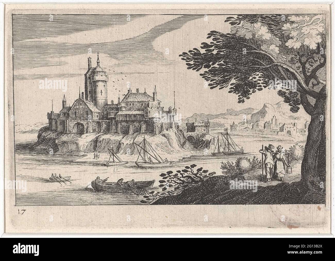 Paysage vallonné avec un château sur une île; paysages du sud de l'Europe; Topographia Vararum Regionum. Différents bateaux sur l'eau autour d'un château. À droite, un homme et une servante de lait sous un arbre. Banque D'Images