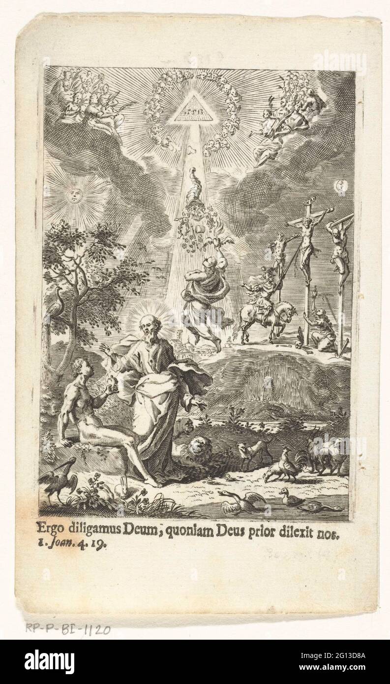 Allegorie Sur L Amour De L Homme Pour Dieu Adam Donne Son Coeur A Dieu Dans Le Paysage Paradisiaque Avec Des Animaux Dans L Air L œil Tout Voyant De Dieu Est Expose Avec Des Anges Et