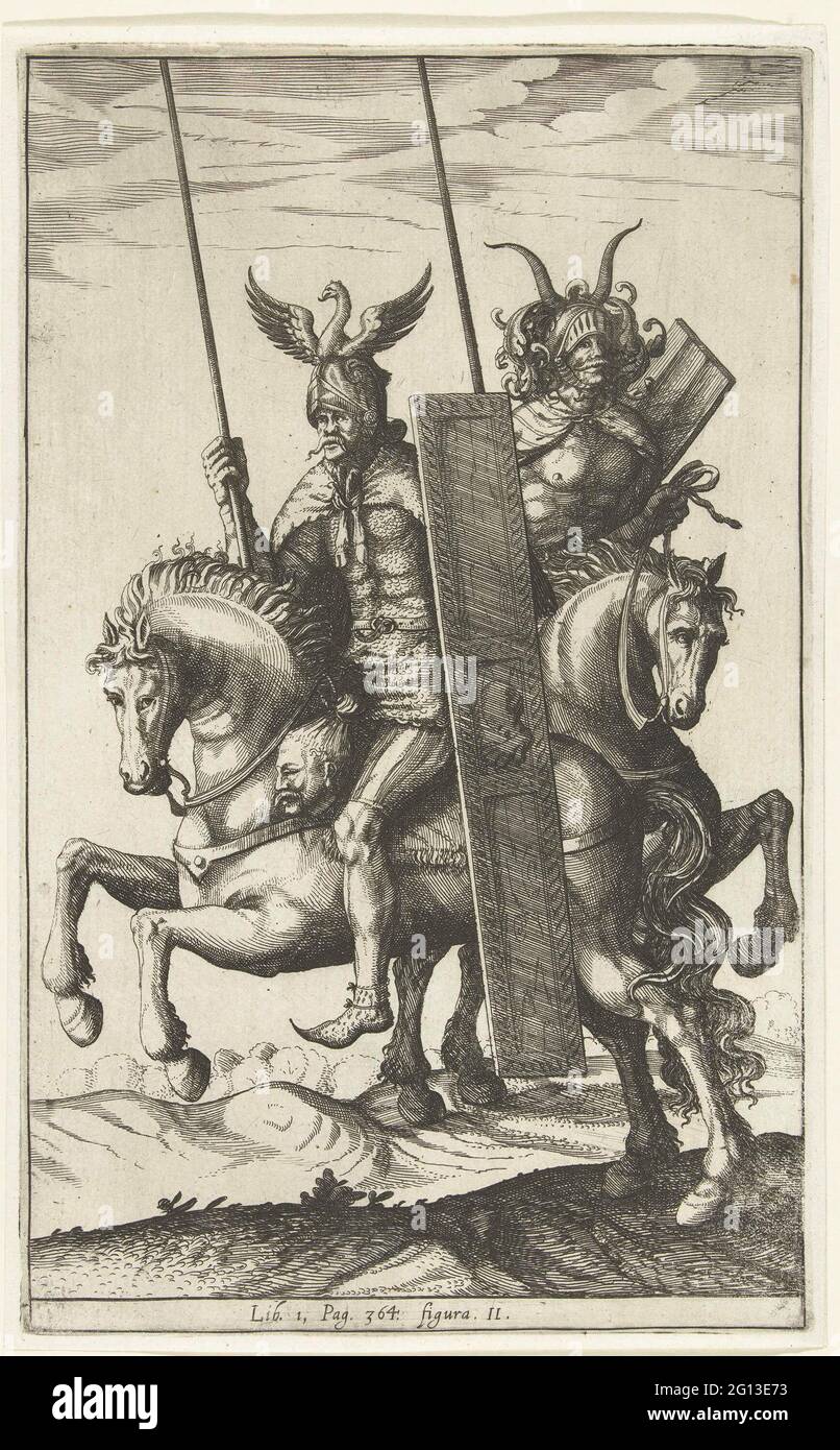 Deux guerriers germaniques, figura II Deux coureurs germaniques celmed. Depuis : Philippus Cloverius, Germaniæ antquæ libri Tres, LES BAS (i) Elzevier, Leiden, 1616. Lib. I, PAG. 364, Figura II Banque D'Images