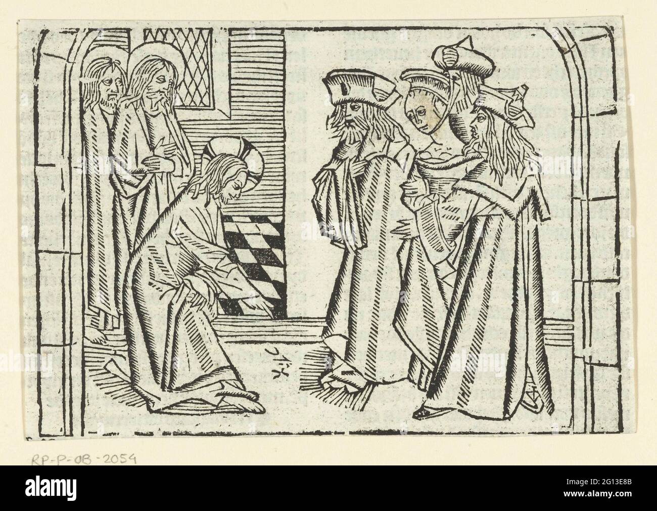 Christ et la femme adultère. Christ écrit avec le doigt sur le sol. Deux disciples à côté de lui. Trois Pharisiens ont une femme adulée. Banque D'Images