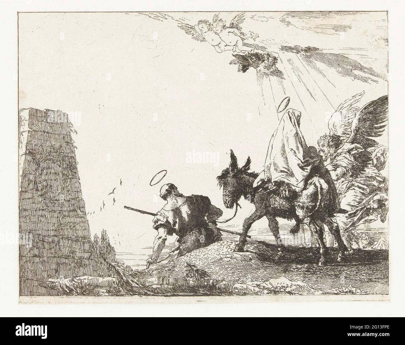 La Sainte famille passe un monument pendant le vol vers l'Égypte; la