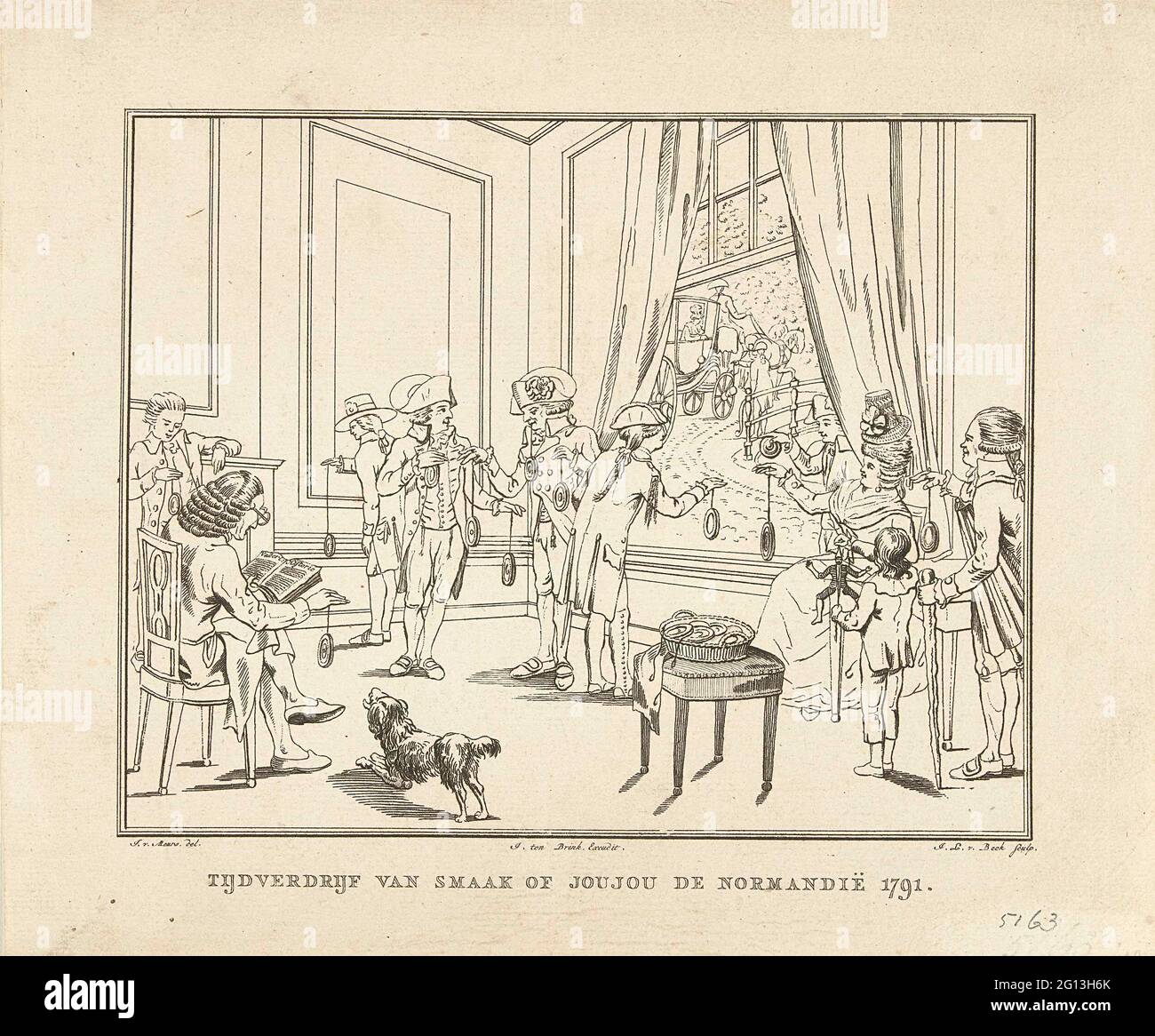 Intérieur avec des hommes et des femmes qui dissipent leur temps avec des Yoys; exposition de goût ou joujou de Normandie 1791. Intérieur avec des hommes et femme de noblesse qui consacrent leur temps avec des yoys. Un enfant joue avec une poupée à dessin. Banque D'Images
