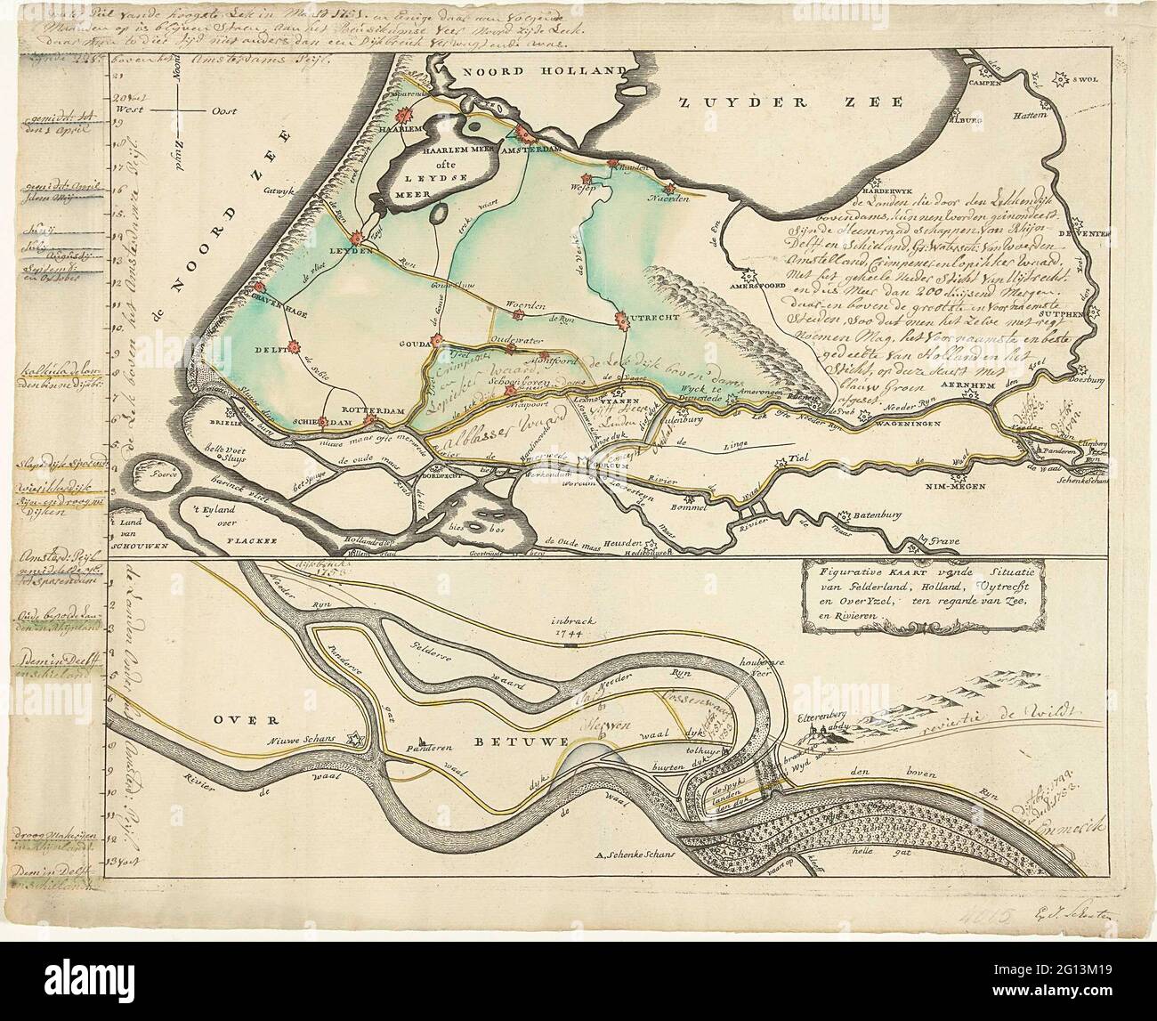 Carte de la haute eau jusqu'aux fuites, mars 1751; carte figurative de la  situation de Gelderland, Hollande, Uytrecht et oversyzel, dans le fleuve de  la mer, et des rivières. Carte de la