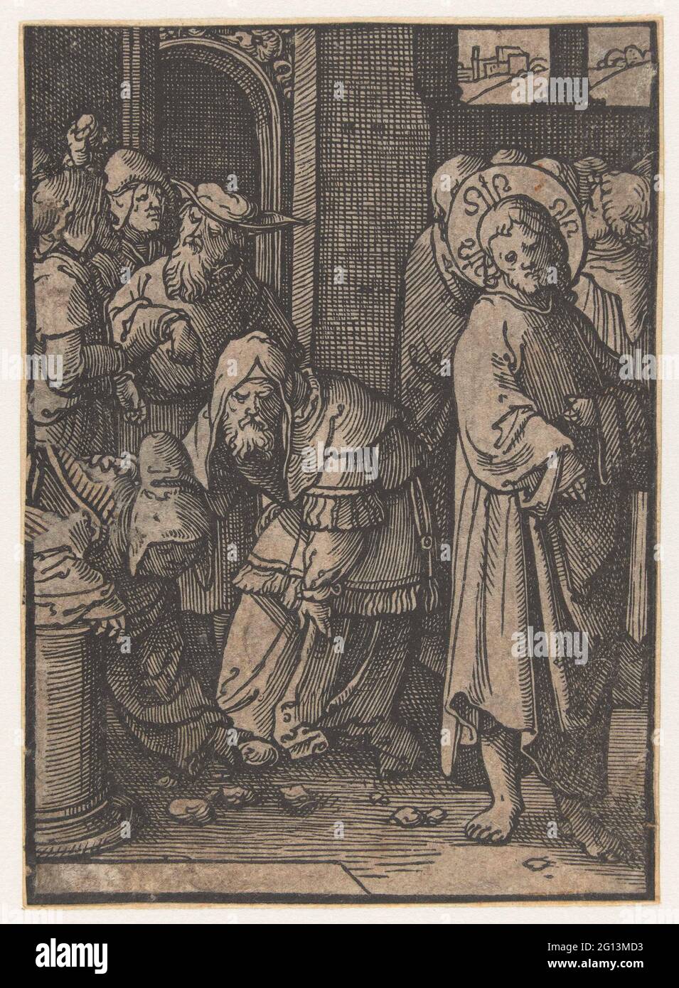 Le Christ menacé par la pieuse; la passion stupide. Christ dans le temple, les Pharisiens s'adapte aux pierres du sol. Banque D'Images