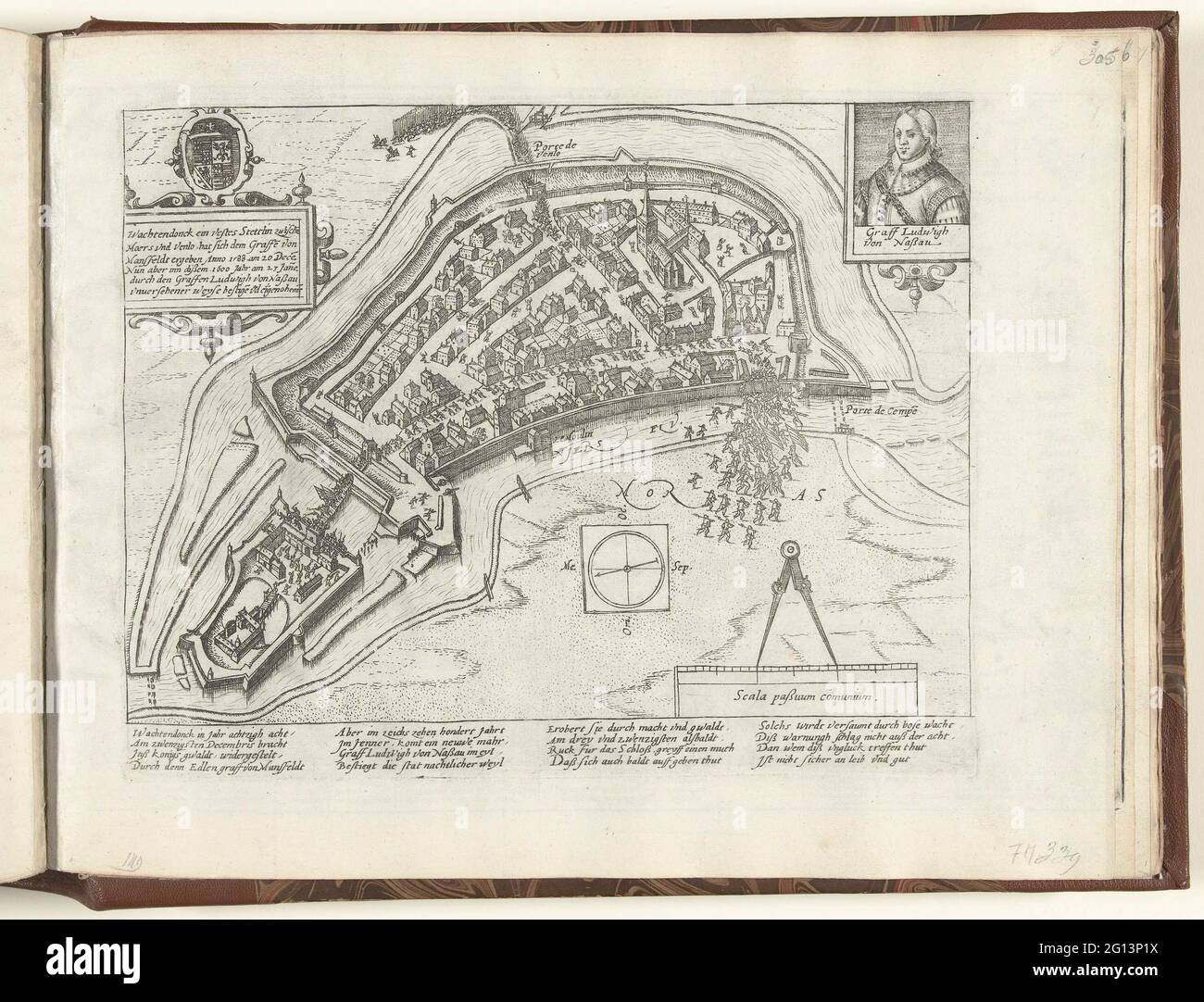 Lodewijk van Nassau conquiers Wachtendonk, 1600; série 10: Événements néerlandais et étrangers, 1587-1612. Conquête par Waardendonk par l'armée d'État sous Louis Gunther, comte de Nassau, 23 janvier 1600. Vue sur la ville fortifiée, en haut à droite avec le portrait de Louis van Nassau, en haut à gauche d'une cartouche avec texte. En bas à droite un passant avec une échelle. Avec légende de 16 lignes en allemand. Sans numéro. Banque D'Images