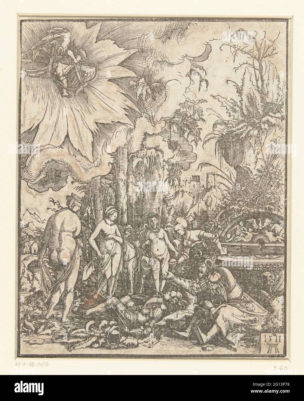 Le rêve de Paris, l'opinion de Paris. Paris habillé comme un chevalier dans un harnais, dormant au sol à une fontaine. Mercurius est avec lui qui l'appelle dans son rêve. Les déesses Juno, Minerva et Vénus se tiennent autour d'elles. Une femme à la fontaine tient le ballon d'or. Banque D'Images