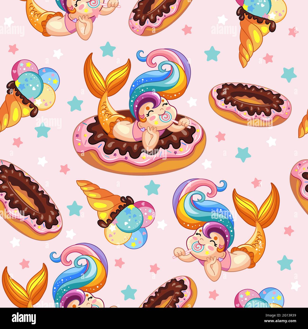 Motif vectoriel sans couture avec jolie petite sirène et cercle gonflable en forme de licorne. Arrière-plan vectoriel d'illustration coloré. Vacances en mer con Illustration de Vecteur