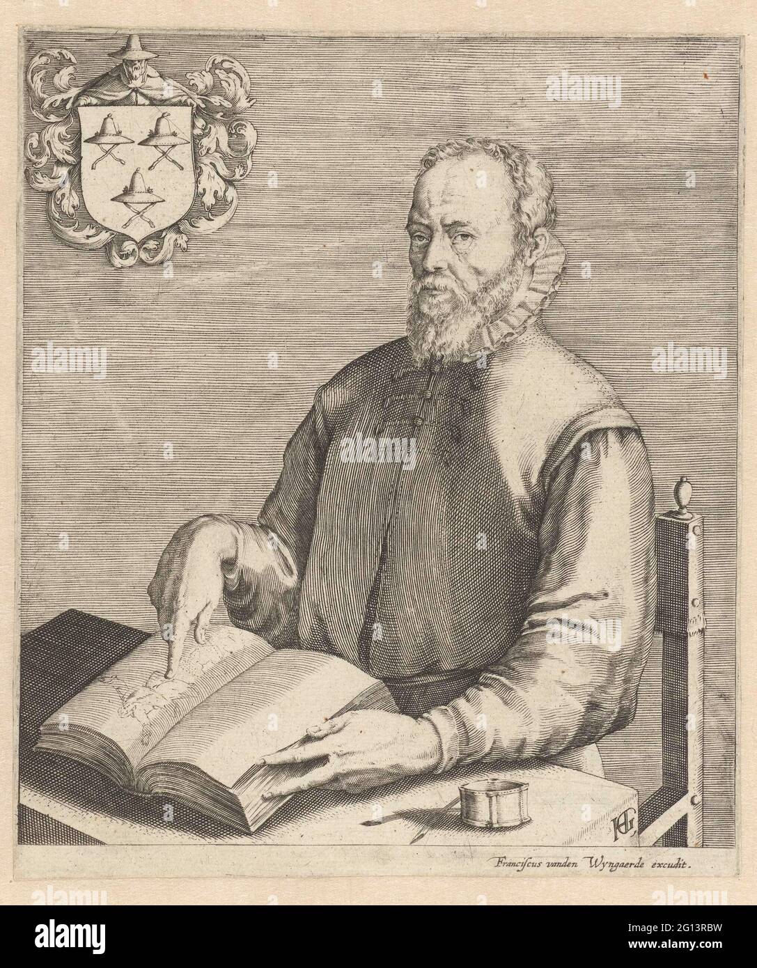 Portrait de Gérard de Jode. Portrait d'un homme, moitié amoureux, assis à une table, pointant dans un livre. Au-dessus d'une arme. Banque D'Images