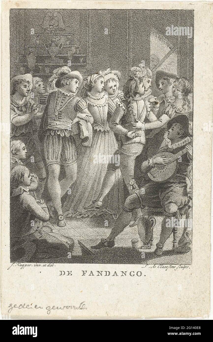 Compagnie de danse; le Fandango. Un groupe de danseurs danse le Fandango, une danse populaire du XVIIIe siècle en Espagne. Un homme joue sur un luth. Banque D'Images
