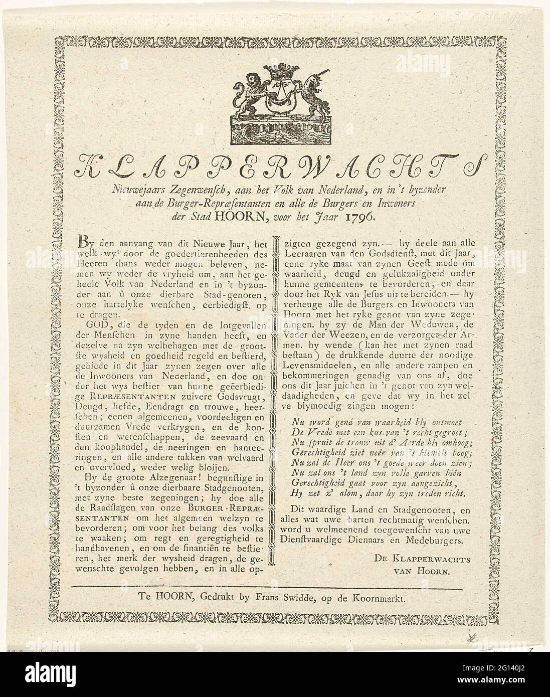 Le passage du nouvel an de l'Hoornse Klapperwacht pour l'année 1796; KlapperwYachts Nieuwe Yans Askwensch, au peuple néerlandais, et en particulier aux repaires des citoyens et à tous les citoyens et résidents de la ville de Hoorn, pour l'année 1796. Entrée du nouvel an au Klapperwacht (veille de nuit) de la ville de Hoorn pour l'année 1796. Dédié aux directeurs et résidents de Hoorn. Vignette avec le bras de l'avertisseur sonore au-dessus d'un texte dans deux colonnes. Banque D'Images
