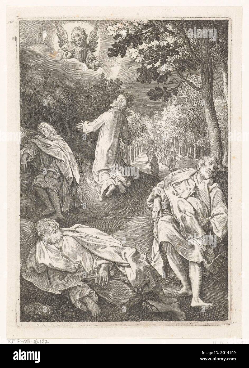 Christ dans la cour de Gethsemane; la passion. Un ange apparaît devant le Christ sur la montagne de l'olive pour lui donner de la force. Christ s'agenouille dans la prière et regarde, il est entouré de ses disciples endormis, Petrus, James et Johannes. Banque D'Images