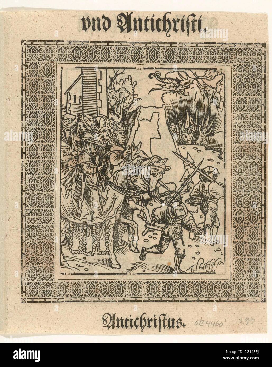 Pape et son effet à cheval. Le pape quitte une ville à cheval, il est devant une procession cérémonielle avec sa conséquence des ecclésiastiques dont un évêque et des cardinaux. Deux soldats sont en face. En arrière-plan à droite, l'enfer est exposé avec les âmes damnés dans les flammes et au-dessus de trois démons volent. Illustration de livre dans cadre rectangulaire avec ornements fins. L'impression est imprimée avec plusieurs journaux. En haut de la revue le soulagement de la publication est: Und Antichristi, le mot antichristus est ci-dessous. Banque D'Images