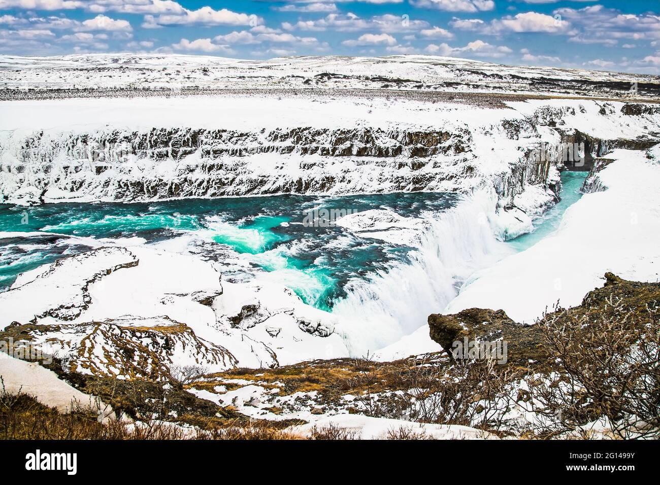 Belles cascades de Gullfoss en hiver, en Islande. Banque D'Images