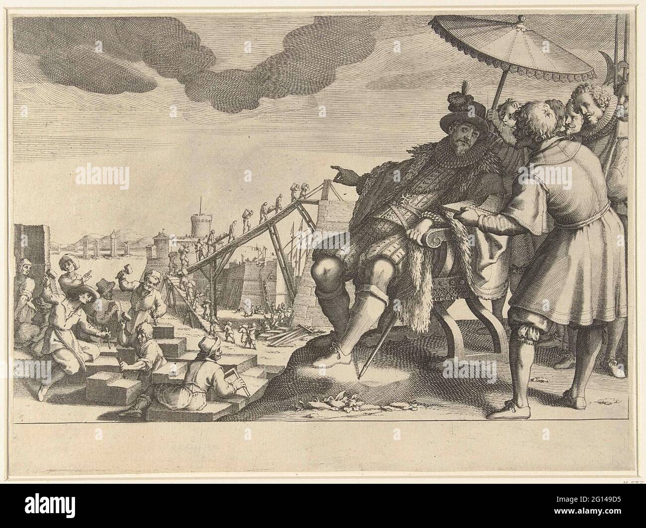 Ferdinando i le «Medici a laissé le port de Livourne renforcer; vie de Ferdinando i le «Medici. Ferdinando i le 'Medici se trouve à droite d'une chaise sous un parasol et pointe vers un port, où les travailleurs sont occupés à construire une structure de type tour. Un ingénieur présente Ferdinando un modèle du bâtiment. Sous la, afficher une marge vide. Cet imprimé fait partie d'une série de 16 imprimés (plus 2 imprimés inachevés) de la vie de Ferdinando i le 'Medici, destiné à compléter une série déjà existante d'illustrations de l'histoire des Médicis. Banque D'Images