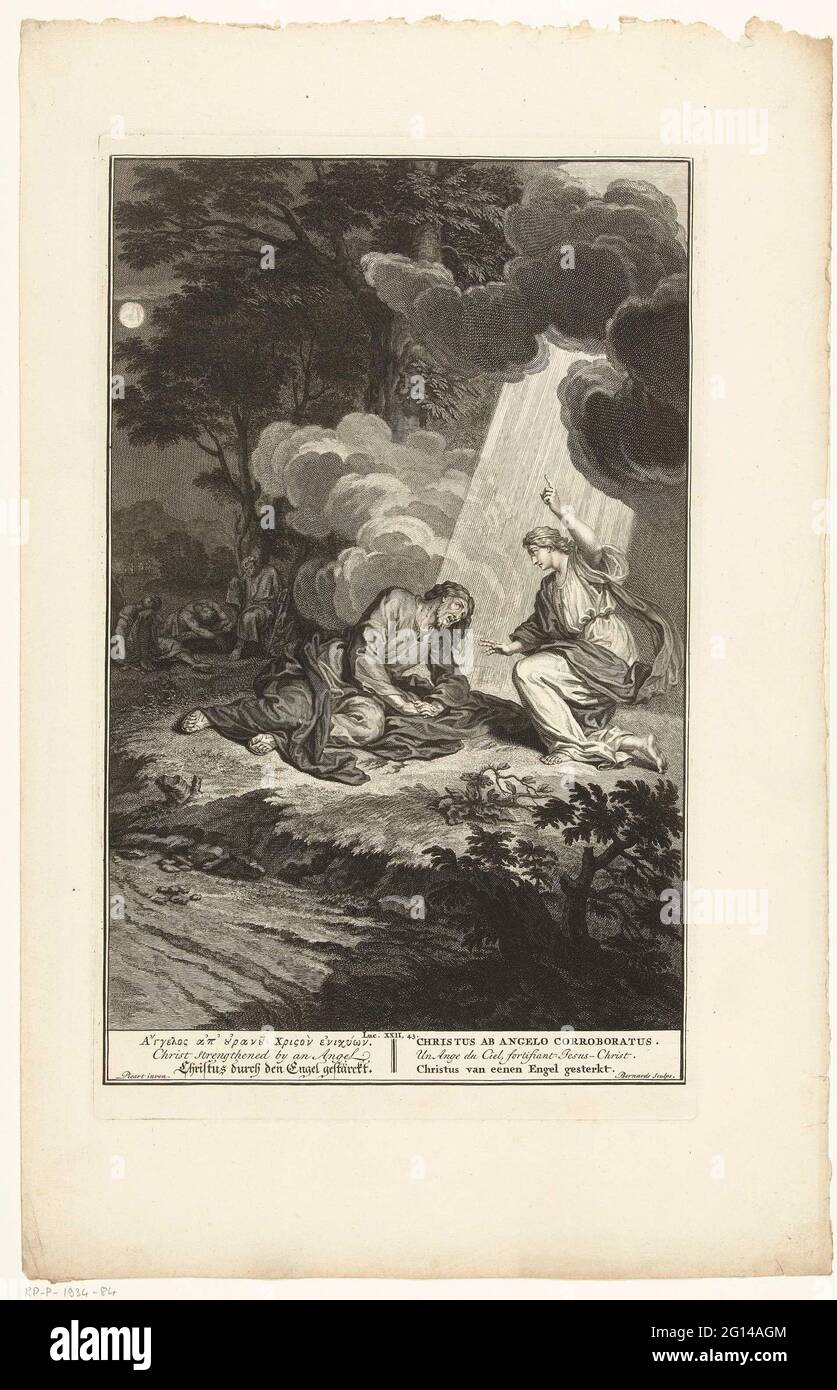 Christ dans la cour de Gethsemane; l'ange du Christ s'est renforcé. Le Christ prie ses étudiants sur la montagne de l'olive et est soutenu par un ange. Dormir ses étudiants en arrière-plan. Banque D'Images