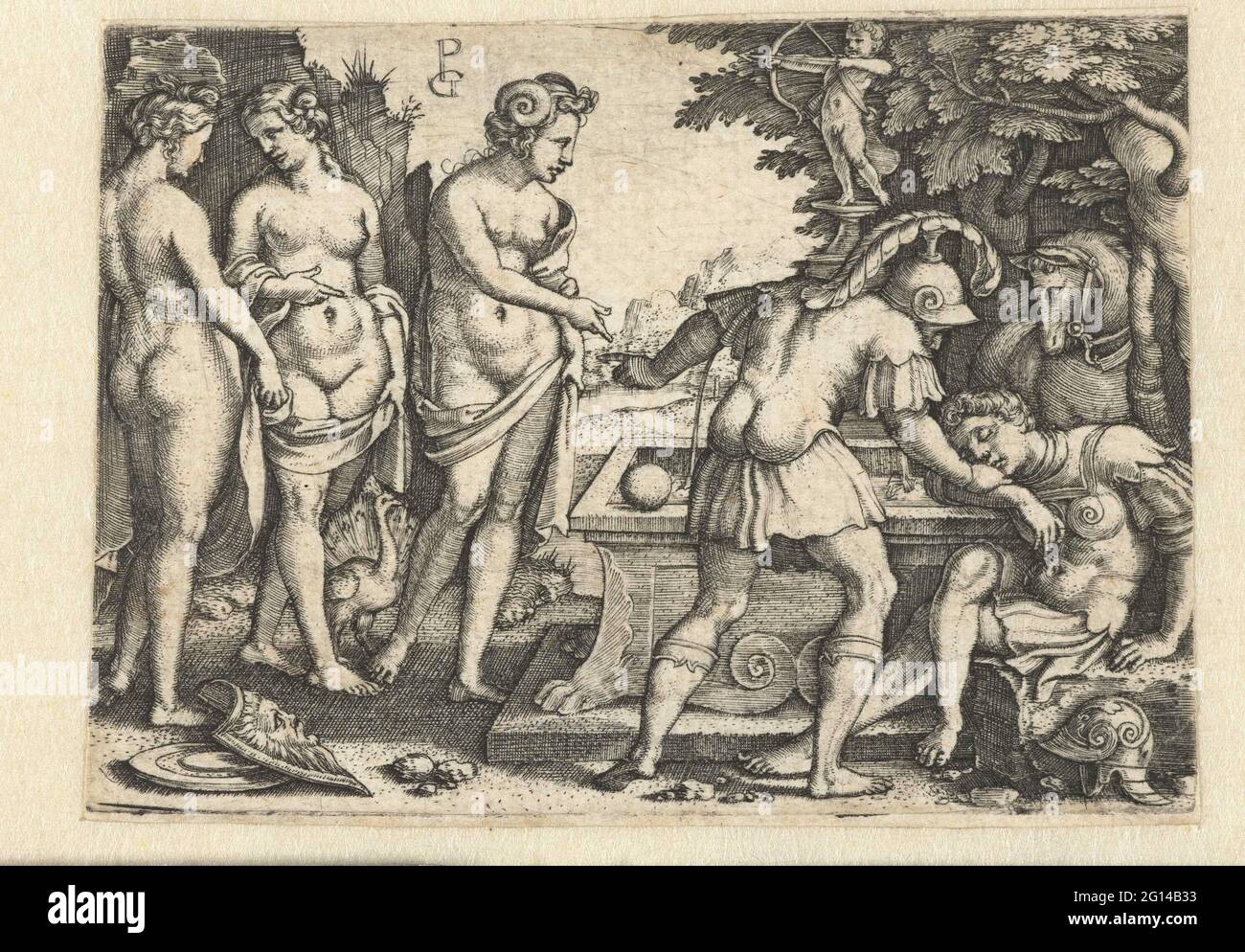 Rêve de Paris. Paris dort à côté d'une fontaine, Mercury essaie du réveiller. Il montre la pomme dorée et les trois déesses Juno, Minerva et Vénus qui sont en conversation. Banque D'Images