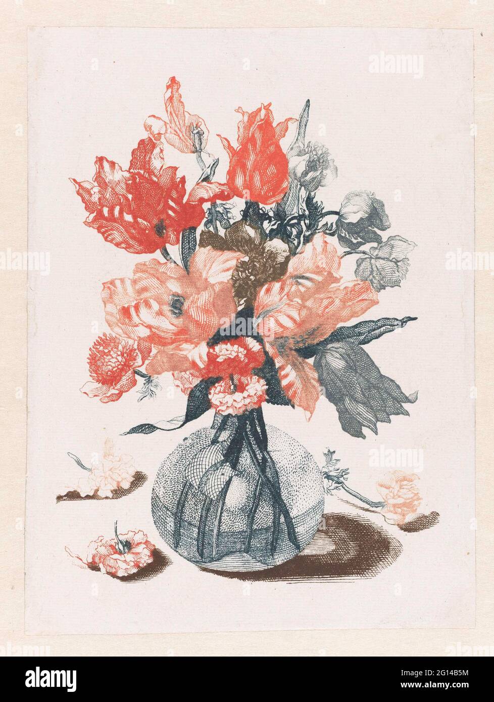 Cinq tirages de fleurs dans des vases en verre. Johannes Teyler de Nimègue a été éduqué en tant que philosophe et mathématicien, mais a également travaillé plus tard en tant qu'ingénieur militaire. Il a inventé une méthode pour imprimer des impressions en couleur, pour laquelle il a reçu un brevet en 1688. Les couleurs devaient être appliquées à la plaque de cuivre à la main pour chaque impression individuelle. Parce que ce processus était très exigeant en main-d'œuvre, son processus d'impression couleur a trouvé peu de suivi. Banque D'Images