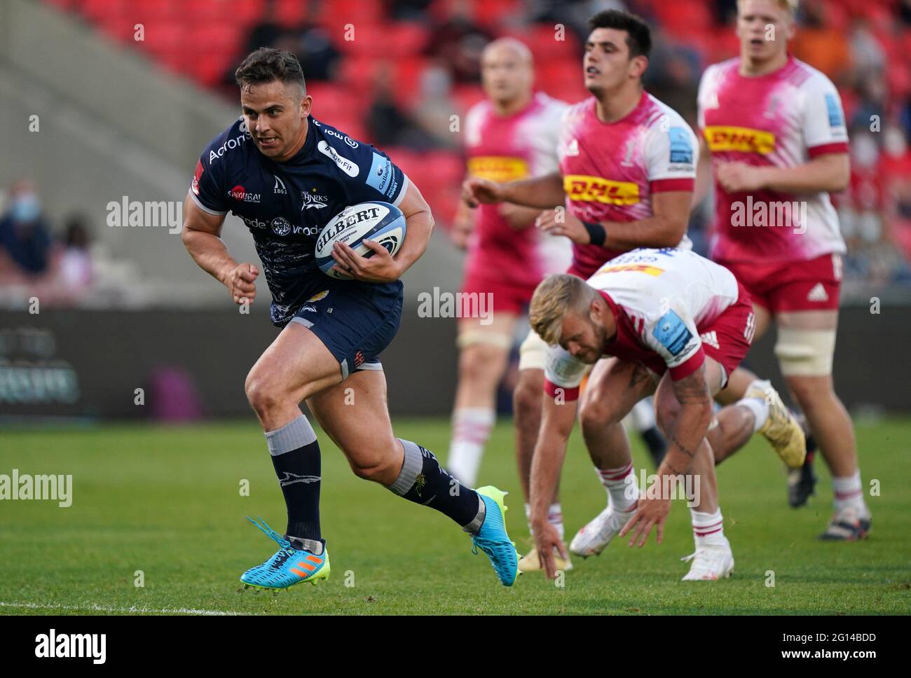 Solde le Rohan Janse van Rensburg de Sharks est à l'essai lors du match Gallagher Premiership au stade AJ Bell, sale. Date de la photo: Vendredi 4 juin 2021. Banque D'Images